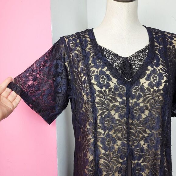 Vintage 90s Navy Lace Overlay Boho Maxi Dress - Picture 2 of 7